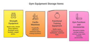 fitness machines stored safely in warehouse gym equipment storage