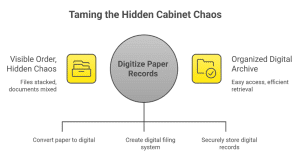 office document storage boxes organized in warehouse