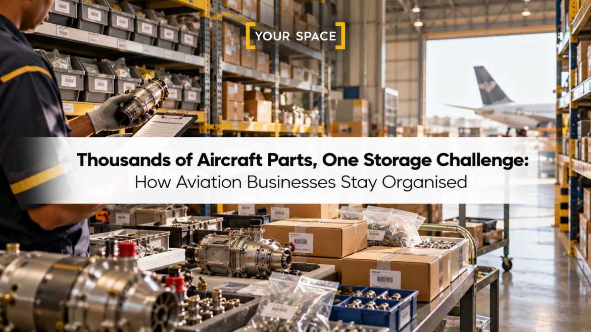 Organised aircraft spare parts inventory in an aviation warehouse
